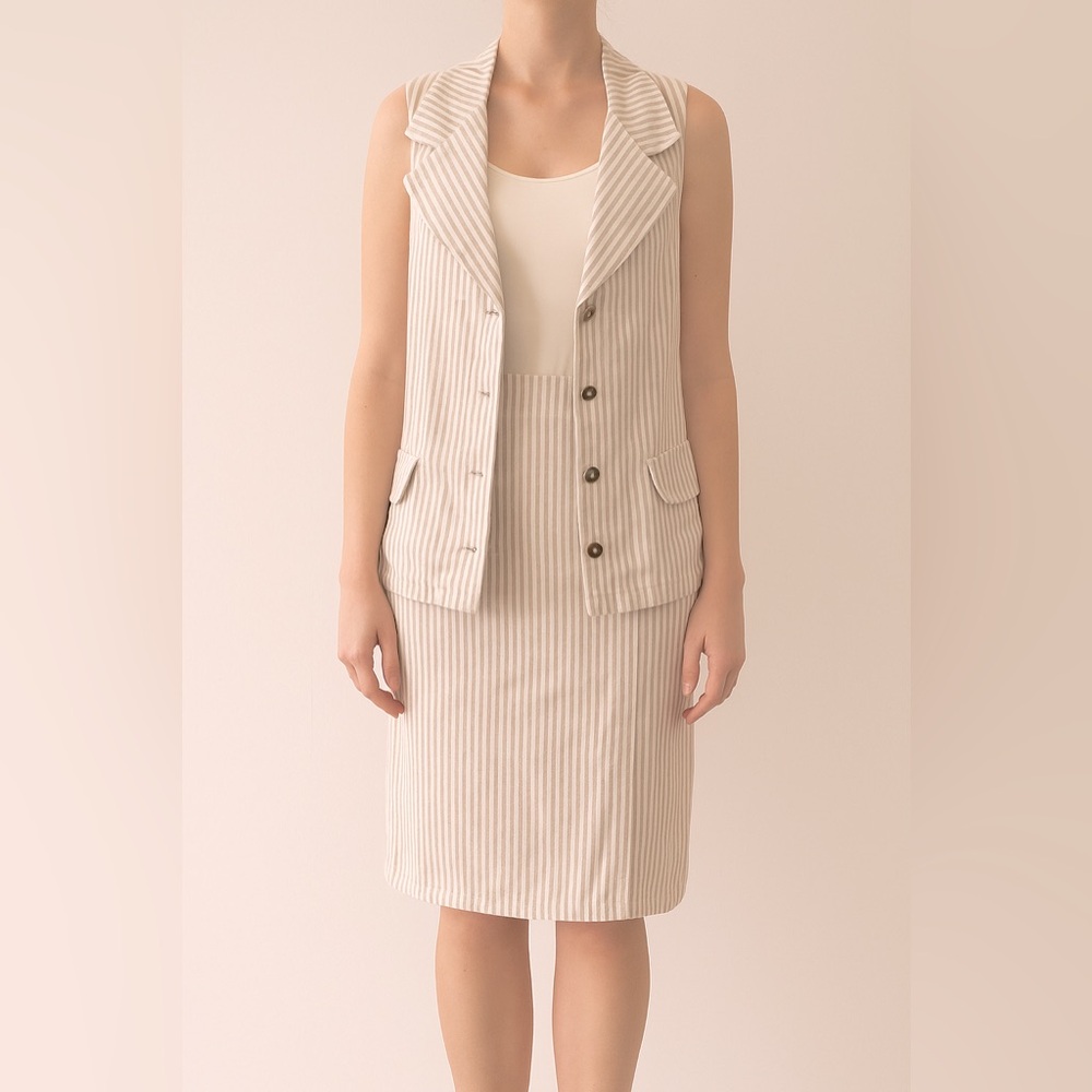 Vintage AP Collection 100% Linen Beige Striped 2-Piece Dress, Size M/L